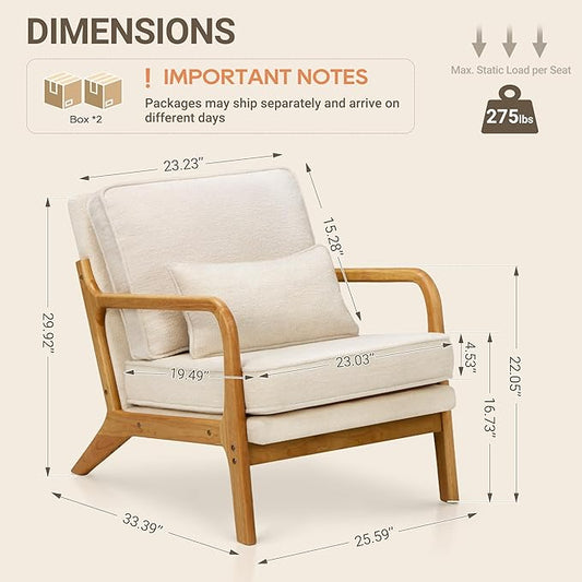 COLAMY Mid Century Modern Accent Chair Set of 2 with Lumbar Pillow, Relaxing Armchair with Solid Wood Frame & Soft Cushion, Reading Leisure Chair for Living Room(Beige)