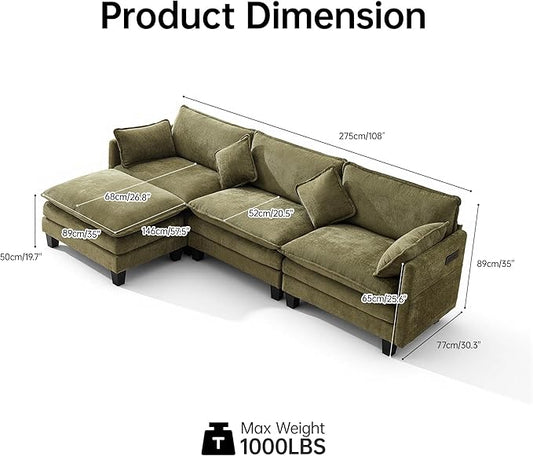 108" Modern L-Shaped Sectional Sofa with USB & Type-c Port Charger, Modular Cloud Couch, Deep Seating Chenille Fabric 4-Seater with Ottoman and Pillows for Living Room (Green)