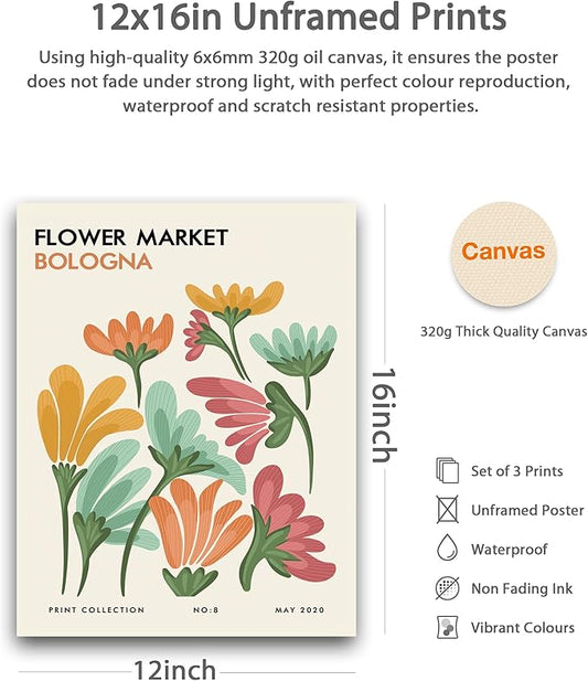 HesenDot Unframed Floral Wall Art Set of 3,12x16in Flower Market Canvas Prints,Abstract Botanical Posters Decor,Minimalist Amsterdam Stockholm Bologna Artwork for Living Room Bedroom Office Home
