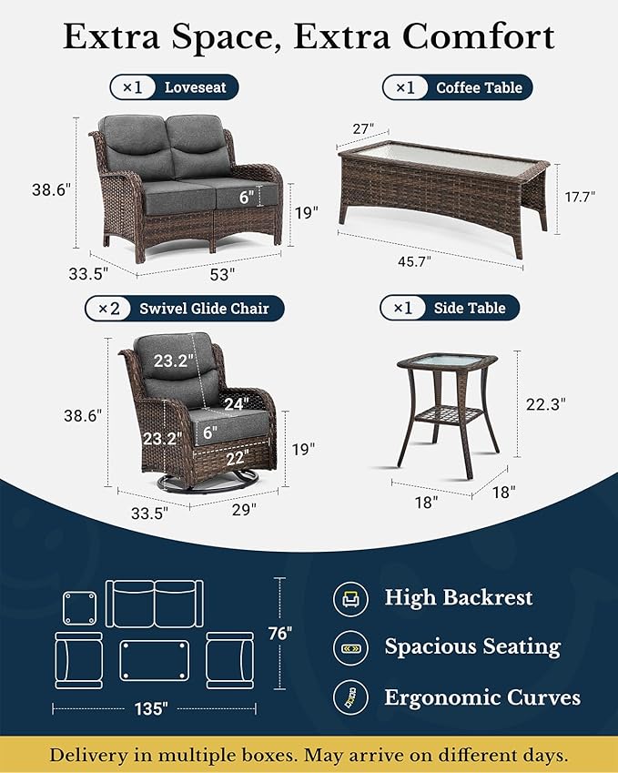 HILLGA Luxury Patio Furniture Set with 6-Inch Thick Cushions, High Back Outdoor Swivel Rocker Chairs and Patio Loveseat, 5-Piece All Weather Conversation Set for Porch Deck Pool Yard, Dark Grey (V3)