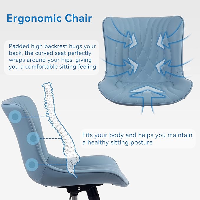 YOUNIKE Office Chair, Adjustable Swivel Armless Desk Chair with Wheels, Aesthetic Home Office Computer Task Chairs, Modern Faux Leather Upholstered Vanity Chair with Back, Blue