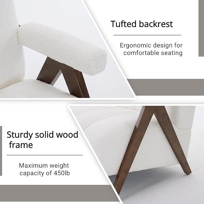 Mid Century Modern Accent Chair Loveseat Sofa with Solid Wood Frame, Boucle Upholstered Living Room Chairs with Thick Cushion, Comfy Tufted Arm Chair for Bedroom, Ivory