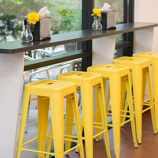 Furniwell 30 Inches Metal Bar Stools High Backless Tolix Indoor-Outdoor Stackable Barstool with Square Counter Seat Set of 4 (Yellow)