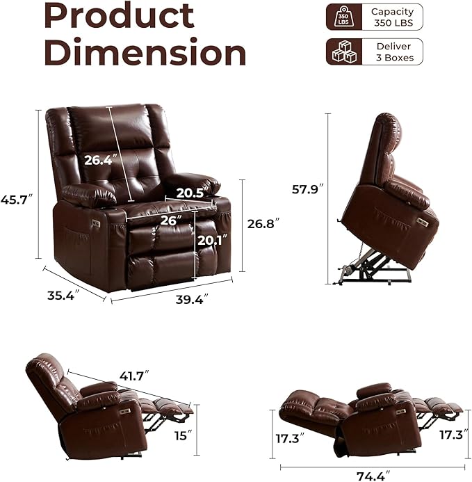 Dual Motor Power Lift Recliner Chair for Elderly with Massage and Heat, Oversized Lift Chair with Arm Storage, Lay Flat Lift Recliner for Adults, Big Tall, Infinite Position, Brown