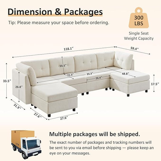VANOMi 4 Seat Modular Sectional Sofa with 2 Ottomans, 118" Cloud Sofas & Couches, Comfy Chenille Sectional Couches for Living Room, Apartment, Office, Beige, U Shaped