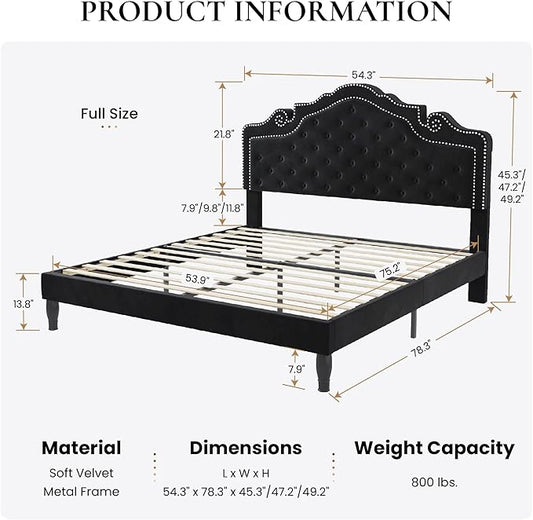 SHA CERLIN Full Size Bed Frame with Adjustable Headboard/Velvet Upholstered/Diamond Button Tufted and Metal Studs/No Box Spring Needed/Wood Slat Support/Easy Assembly/Black