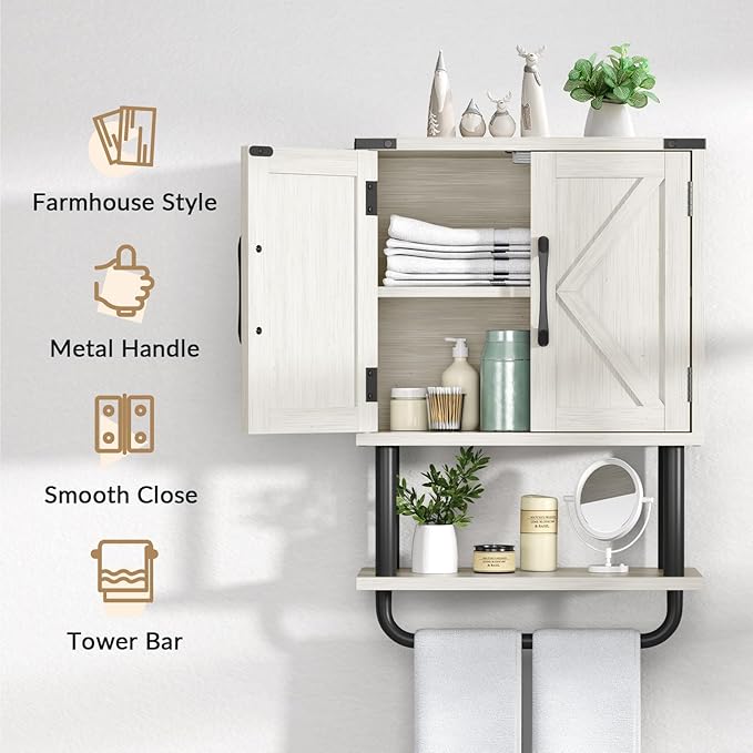 AmazerBath Bathroom Wood Wall Cabinets, Farmhouse Medicine Cabinets Organizer with Towel Bar, Hanging Small Storage Cabinet with Adjustable Shelf, 2 Doors Wall Organizer Cabinet for Small Spaces