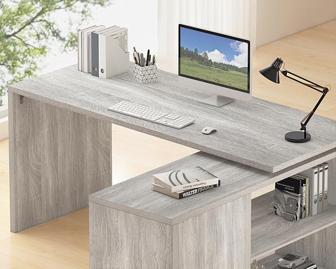 HSH Gray L Shaped Corner Desk with Storage Shelves, Reversible L Shape Computer Desk with Storage Cabinet, Adjustable Corner Home Office Desk for PC Executive Writing Study Work, Light Grey, 55 Inch