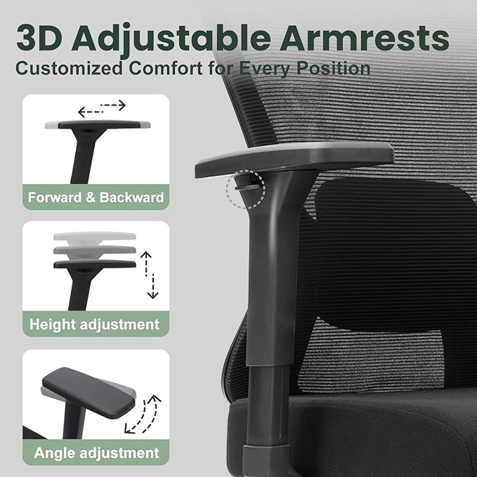 Ergonomic Office Chair - 350LB Mesh Office Chair with Adjustable Lumbar, High Back Computer Desk Chair with 3D Armrests, Comfy Chair with 2D Headrest & Tilt Function for Study, Work, Gaming
