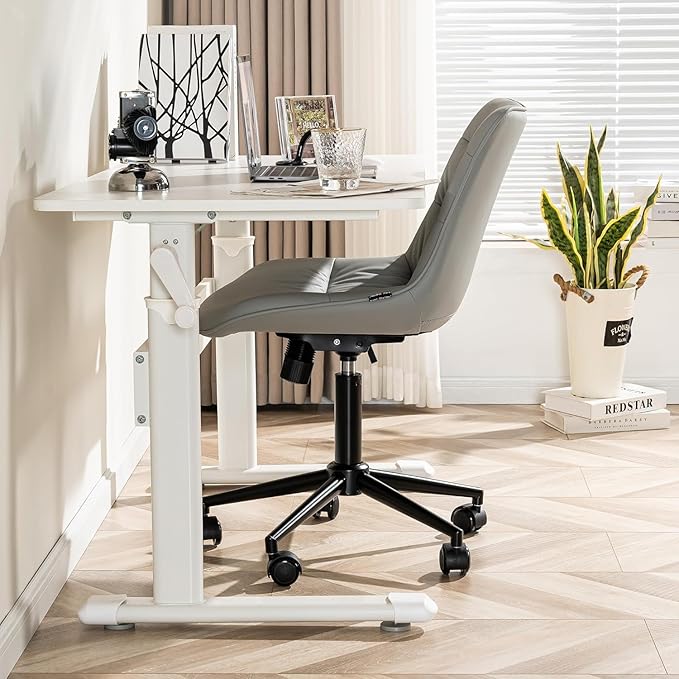 Kidol & Shellder Faux Leather Office Chair, Adjustable Swivel Height Task Chair, Rolling Wheels & Soft Backrest - Armless Ergonomic Desk Chair for Home, Office,Vanity,Gaming(Gray)