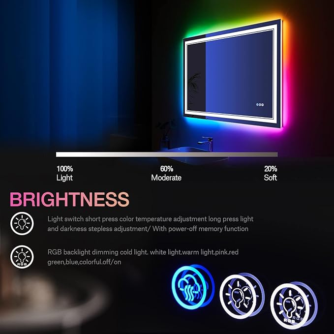 40x24 inch LED Mirror for Bathroom,RGB LED Lighted Bathroom Vanity Mirror with Lights,Shatterproof,Dimmable,Anti-Fog RGB Backlit Mirror (RGB Multicolor Backlit + Front-Lighted)