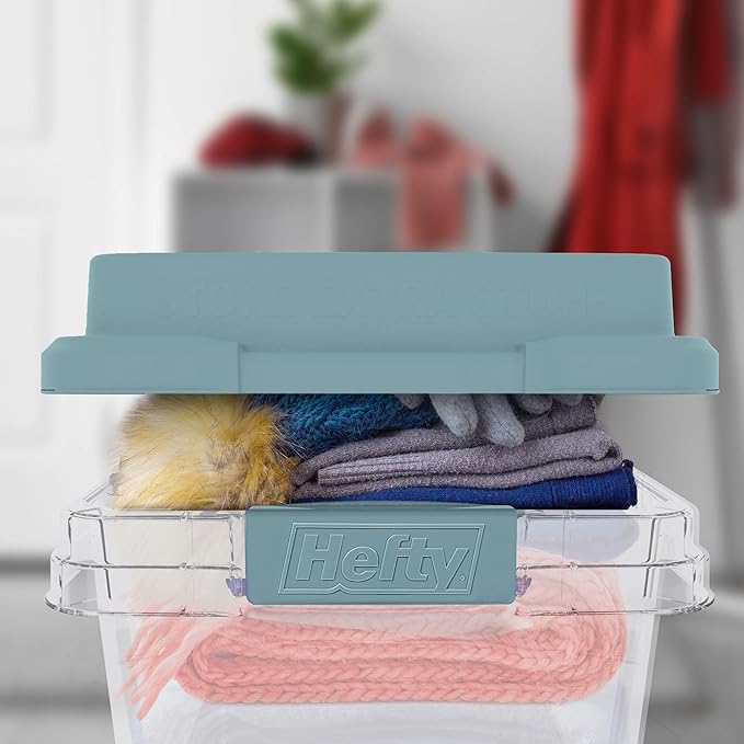 Hefty 18 Quart Hi-Rise Storage Bin with Lid, Stackable Plastic Container for Home, Office, and Classroom Organization, 8 Pack, Smoke Blue