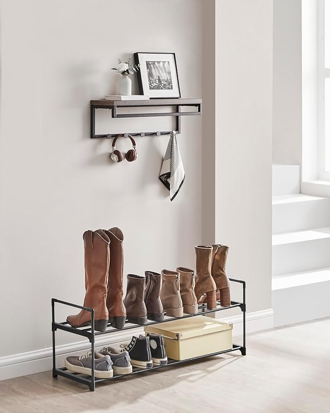 SONGMICS Shoe Rack, 2-Tier Shoe Organizer, Metal Storage Shelf, Upright or Upside Down, for 12-15 Pairs, Stackable, for Entryway, 11.8 x 36.2 x 13.4 Inches, Black ULSA12BK