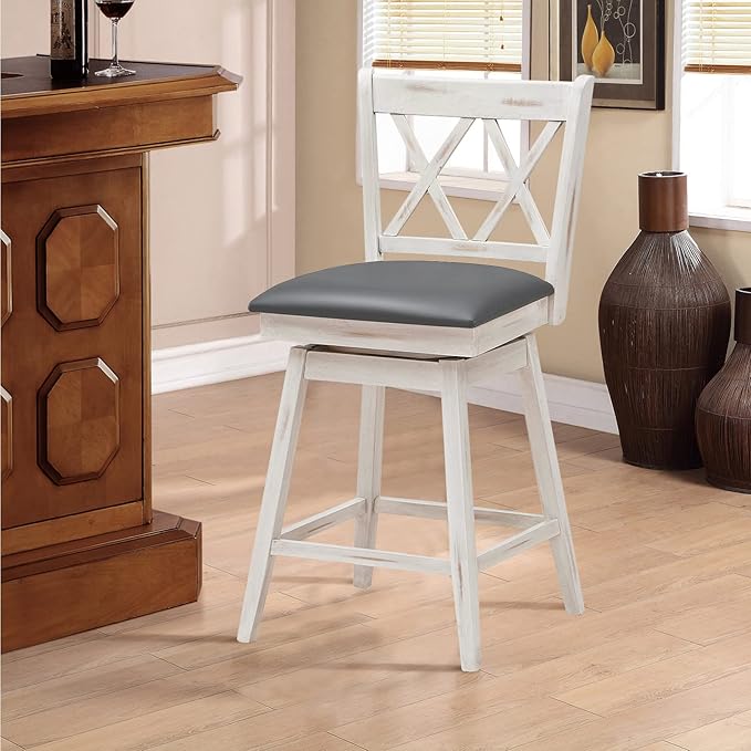 COSTWAY Bar Stool Set of 4, 360 ° Swivel Counter Height 25inch Bar Stool with Foot Rest Upholstered Cushion & Ergonomic Backrest, Sturdy Frame, for Pub, Kitchen Islands (4, Antique White + Grey)