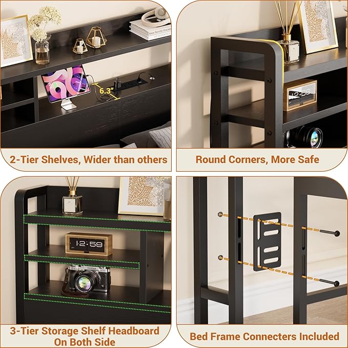 Aheaplus Headboard for Queen Size Bed with Storage, Headboards with LED Light, Power Outlets, USB Ports Queen Size Head Board, Wood headboard Only Sturdy and Stable Headboards, Modern, Black