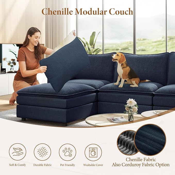 Vesgantti 142" Oversized Sectional Sofa Bed, 8-Seater Modular Sleeper Cloud Couch with Movable Ottoman, Chenille Convertible Sofa Set Deep Seat Couches for Living Room, Bedroom and Apartment, Blue