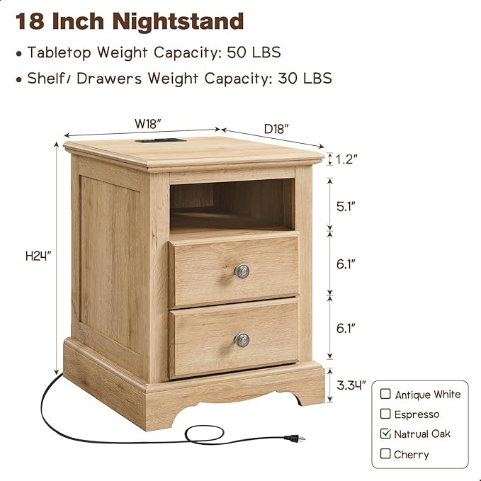 T4TREAM Nightstand with Charging Station, 18 Inch Vintage End Table with 2 Drawers, Wood Rustic Sofa Side Table with Open Storage Shelf for Bedroom, Living Room, Natural Oak