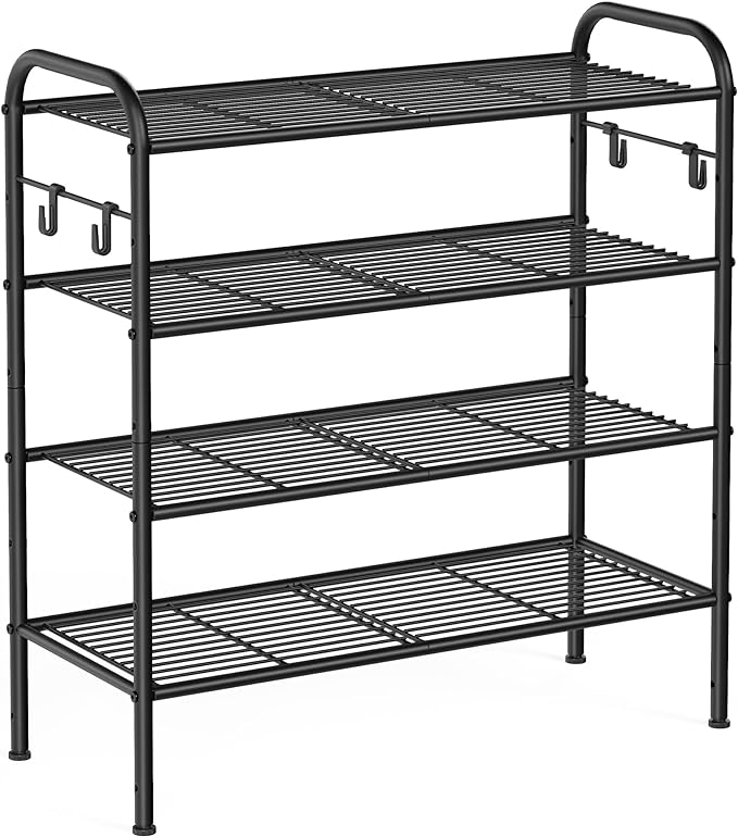 SONGMICS Shoe Rack, 4-Tier Shoe Organizer, Metal Shoe Shelf Storage with 4 Side Hooks, Holds 16 Pairs of Shoes, Height-Adjustable Shoe Rack for Entryway, Hallway, Closet, Easy Assembly, Ink Black