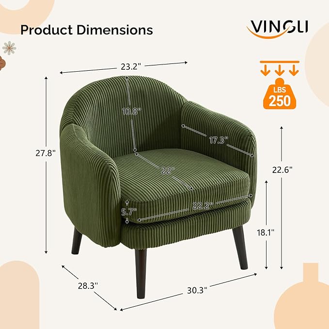 VINGLI 30.3" Wide Modern Barrel Accent Armchairs Set of 2 with Track Armrest, Solid Wooden Legs, Comfy Upholstered Club Chairs, Single Home Sofa for Living Room, Bedroom, Reading Room, Corduroy Green
