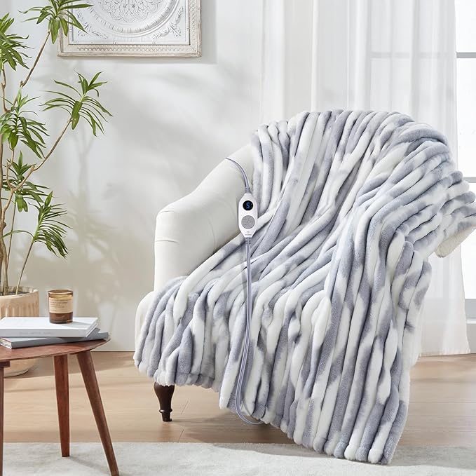 Westinghouse Electric Blanket Heated Throw, Super Cozy Luxury Faux Fur & Sherpa with 6 Heating Levels & 2-10 Hours Auto Off, Fast Heating & Overheat Protection, 50x60 Inch, Blue Gray