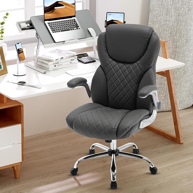 Executive Office Chair, Pu Leather High Back Ergonomic Office Desk Chairs with Wheels, 90-120° Rocking Managerial Chair Home Computer Chairs with Flip-up Armrests and Lumbar Support, Grey