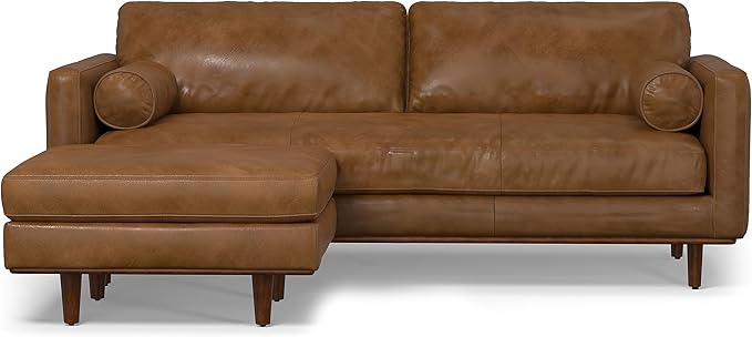 SIMPLIHOME Morrison Mid-Century Modern 89 inch Wide Sofa with Ottoman Set in Caramel Brown Genuine Leather for the Living Room and Family Room