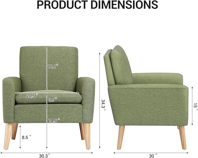 Lohoms Mid Century Accent Chair, Linen Upholstered Green Armchair for Living Room or Bedroom, Comfy Modern Sofa Chair for Guest Room, Reading Nook, or Waiting Area