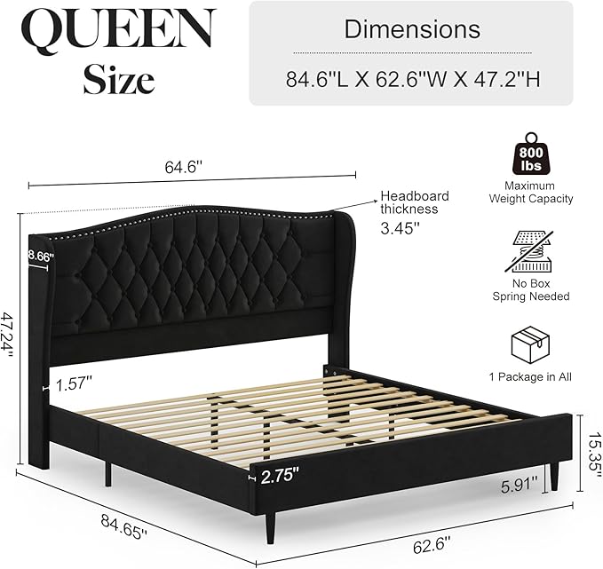 Belffin Queen Bed Frame with Headboard, Luxury Upholstered Velvet Platform Bed with Wingback, Button Tufted & Nailhead Trim, Anti-Slide Tall Footboard, No Box Spring Needed, Noise-Free, Black