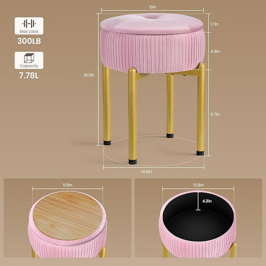 18-Inch Velvet Vanity Stool Chair with Storage, Vanity Bench with 4 Golden Metal Legs & Anti-Slip Adjustable Feet,Round Storage Ottoman Stool with Removable Soft Padded Seat, Pink
