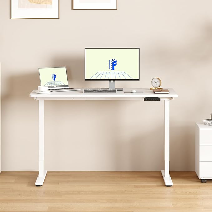 FLEXISPOT E3 Dual Motor Electric Standing Desk 48x24 Inch Whole-Piece Board Height Adjustable Electric Sit Stand Desk (White Frame + White Desktop, 2 Packages)