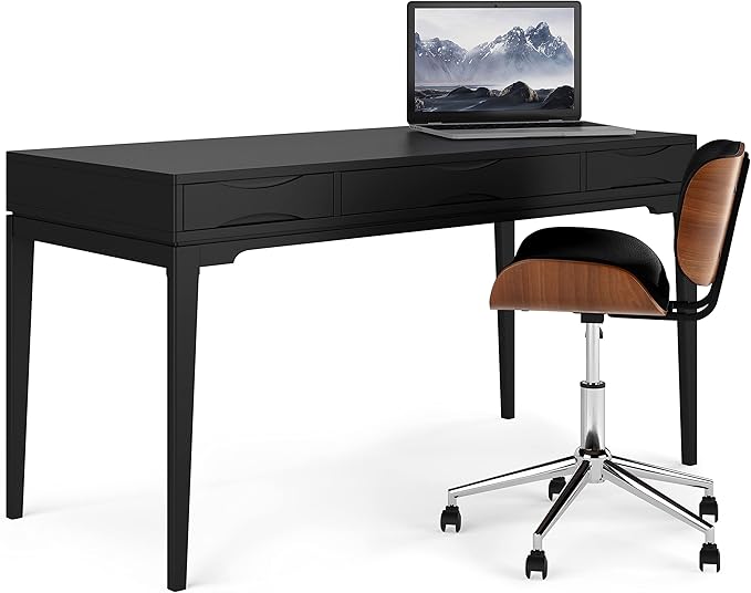 SIMPLIHOME Harper Desk - 60-Inch Wide Solid Hardwood Writing Desk in Black, Mid-Century Modern Home Office Computer Table for Workspace or Study with 2 Drawers and Flip-Down Keyboard Tray