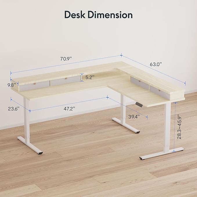 FLEXISPOT 71" L Shaped Standing Desk Electric Corner Table with Shelf, 4 Storage Drawers, Adjustable Computer Workstation for Home, Office, Game, Studio, USB Charger, Light Maple Top + White Frame