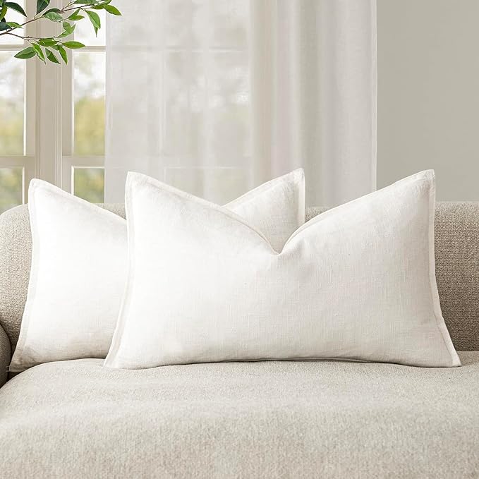 Foindtower Pack of 2, Decorative Linen Soild Throw Pillow Covers Soft Accent Lumbar Cushion Case Boho Farmhouse Neutral Pillowcase for Couch Sofa Bed Living Room Home Decor 12 x 20 Inch Cream White
