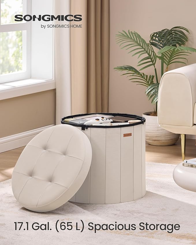 SONGMICS Mazie Collection - Round Storage Ottoman, Folding Footrest Stool with Removable Lid, Easy Assembly, Velvet Vanity Stool for Bedroom, Living Room, Entryway, Cappuccino Beige ULSF608L01