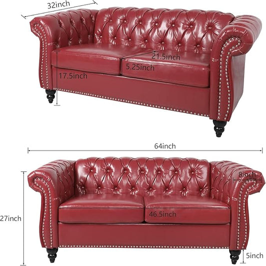 Chesterfield Loveseat Sofa, Modern Leather Small Sofa Couch 2 Seater with Rolled Arms and Nailhead, Mid Century Modern Loveseat Couch for Small Spaces Living Room Bedroom Apartment, Claret
