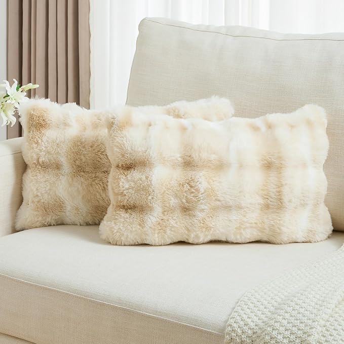 FUTEI Beige White Decorative Throw Pillow Covers 12x20 Inch Set of 2,Soft Fuzzy Faux Rabbit Fur Pillow Case with Raised Texture,Neutral Boho Home Decor for Couch Bed Living Room