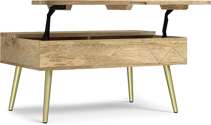 SIMPLIHOME Jager Lift Top Coffee Table - 36 inch Wide Solid Mango Wood Contemporary Modern Cocktail Table in Natural, Stylish Living Room Table with Hidden Storage, Brass Inlay, and Gold Metal Legs