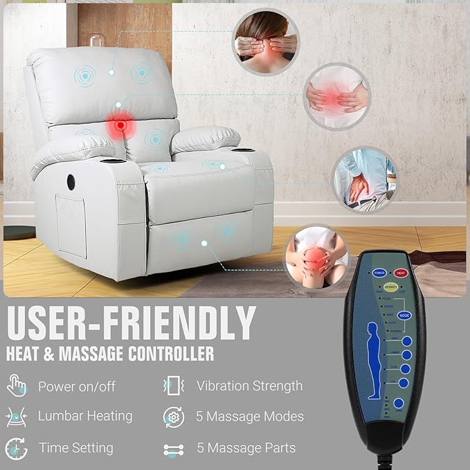 Rocking Recliner Chair, Massage Rocker Recliner Chair with Vibration Massage and Heat, USB and Type-C Ports,360° Swivel Faux Leather Chairs, Living Room, Bedroom, Nursery, RV, Light Grey