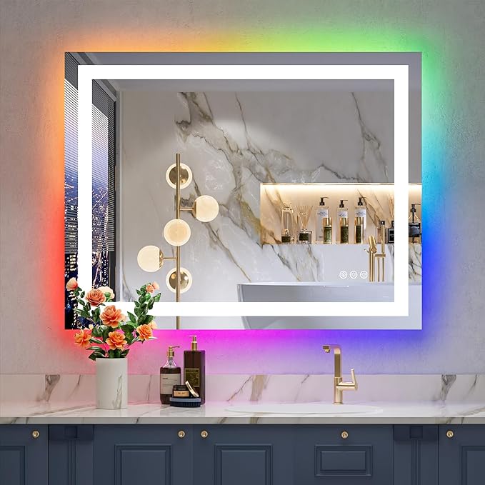36x28 Inch RGB LED Bathroom Mirror Front Light and RGB Backlit Lighted Vanity Mirror for Bathroom Wall Mounted Dimmable Anti Fog Memory Shatter-Proof IP54 Waterproof Horizontal/Vertical