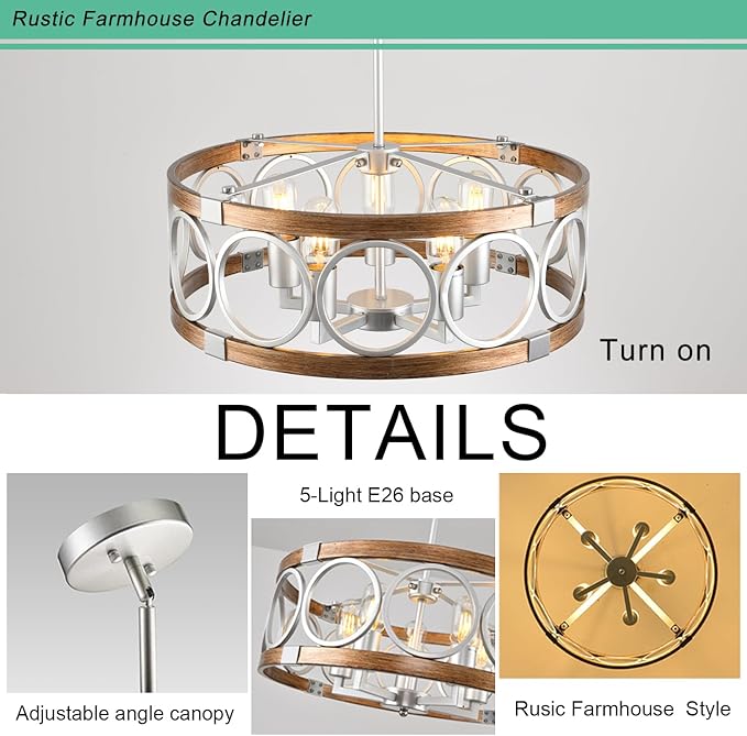 Flush Mount Ceiling Light Fixture Ceiling Mount,5 Light 19.7" Silver Drum Chandelier Rustic Farmhouse Chandelier Modern Pendant Light Fixtures for Kitchen Lighting Fixture