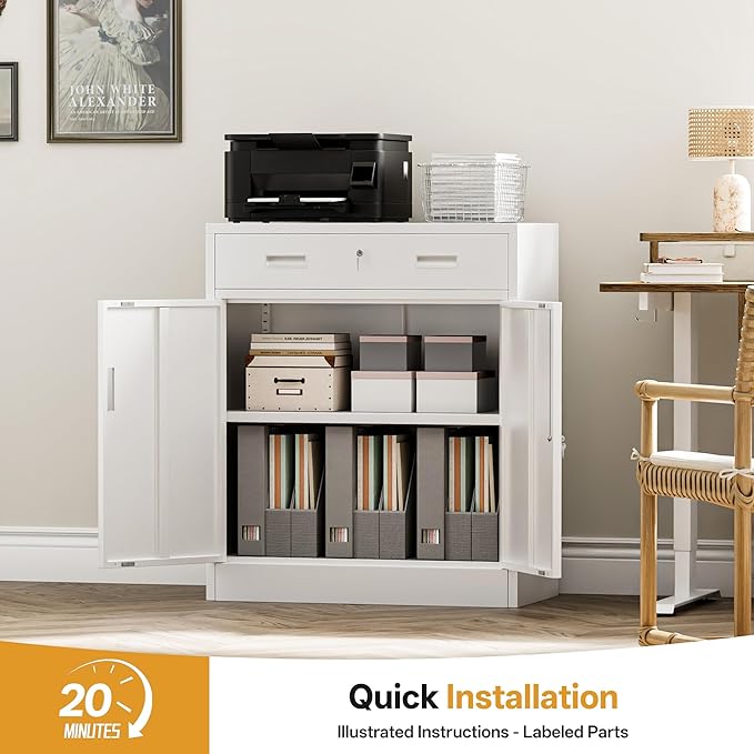 Metal Garage Storage Cabinets,36" Steel File Cabinet with 2 Adjustable Shelves, Lockable Storage Cabinets for Office, Home, Garage, Warehouse 36" H x 32" W x 16" D (White)