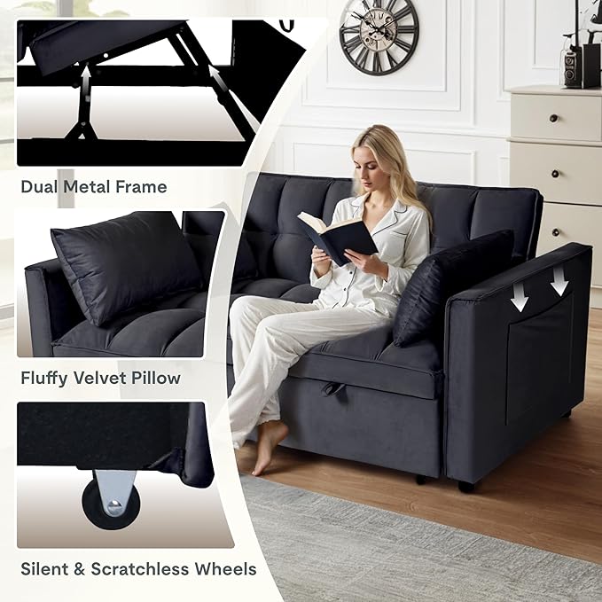 FLEXISPOT XCT4 3-in-1 Convertible Loveseat Sofa Bed for Small Spaces, Velvet Pull Out Couch with Adjustable Backrest, Compact Twin Sleeper Chaise Lounge Futon for Apartment Dorm RV Guest Room, Black
