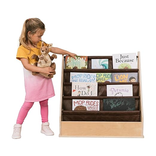 Factory Direct Partners Rustic Kid Birch Sling Book Display; Distressed Faux Leather 4-Shelf Storage for Books or Magazines; Furniture for Bedroom, Playroom, Daycare or Classroom - Walnut, 13745-323