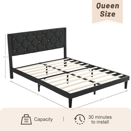 Queen Size Platform Bed Frame with Velvet Upholstered Headboard and Sturdy Wooden Slats Support,Mattress Foundation,Easy Assembly, No Box Spring Needed,Slip Resistant (Black, Queen)