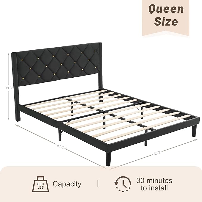 Queen Size Platform Bed Frame with Velvet Upholstered Headboard and Sturdy Wooden Slats Support,Mattress Foundation,Easy Assembly, No Box Spring Needed,Slip Resistant (Black, Queen)