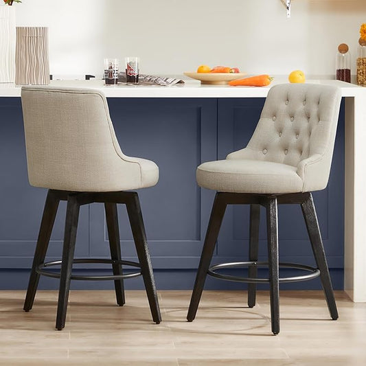 Watson & Whitely Counter Height Bar Stools, Performance Fabric Upholstered Modern Swivel Barstool with Back, Solid Wood Legs, 26" H Seat, Tan