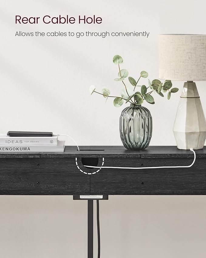 VASAGLE 70.9-Inch Console Table with Outlet and Shelves, Sofa Table with Charging Station, Behind Couch Table Skinny, Entryway Table for Hallway, Living Room, Charcoal Gray and Ink Black ULNT118B22