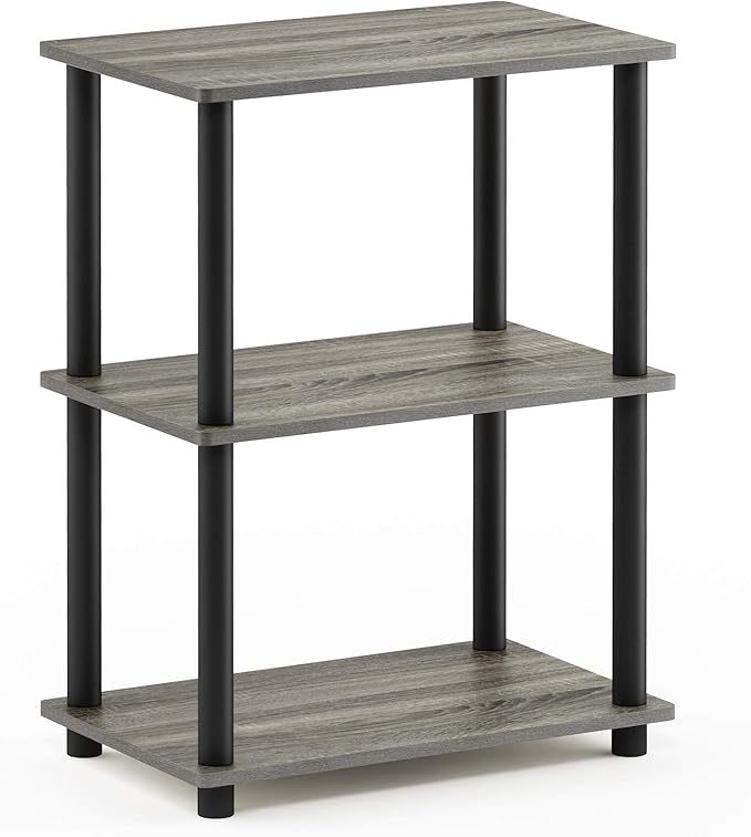 Furinno Turn-N-Tube No Tool 3-Tier Storage Shelf, Narrow, French Oak Grey/Black