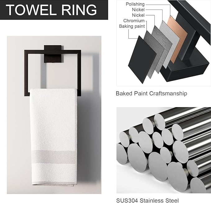16 in Matte Black Bathroom Accessories Set, Bath Towel Bar Set, Stainless Steel Bathroom Hardware Set, Towel Racks for Bathroom Wall Mounted 5 Pcs (Black)
