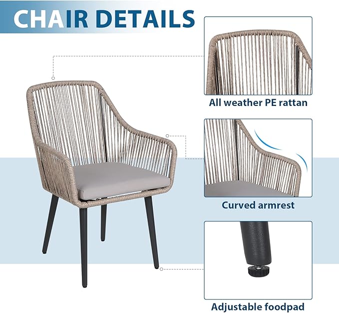 JOIVI 5 Piece Outdoor Dining Set, Wicker Patio Furniture Dining Table and Chairs Set with Cushions for 4 People, Tempered Glass Tabletop with 2.16” Umbrella Hole, for Lawn, Backyard, Garden